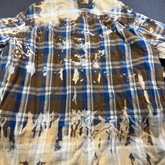 Bleached Flannel Shirt L G Blue Brown Tan Plaid Long Sleeve Button Up Top - Picture 7 of 8